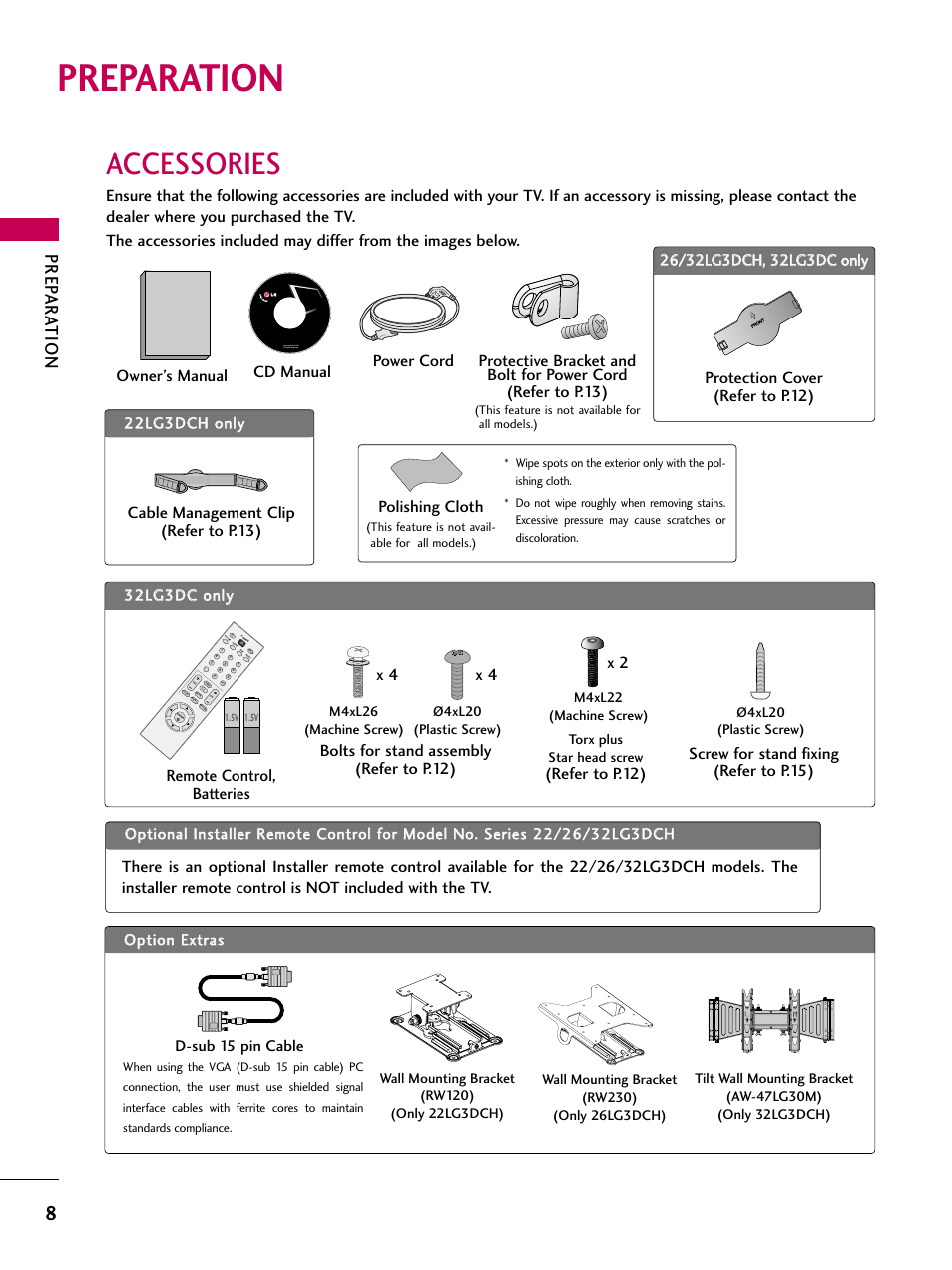 Preparation, Accessories, Prep ar a tion | Remote control, batteries, Refer to p.12), Polishing cloth | LG 22LG3DCH User Manual | Page 10 / 124