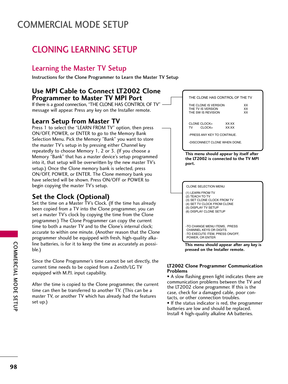 Cloning learning setup, Commercial mode setup, Learning the master tv setup | Learn setup from master tv, Set the clock (optional) | LG 22LG3DCH User Manual | Page 100 / 124