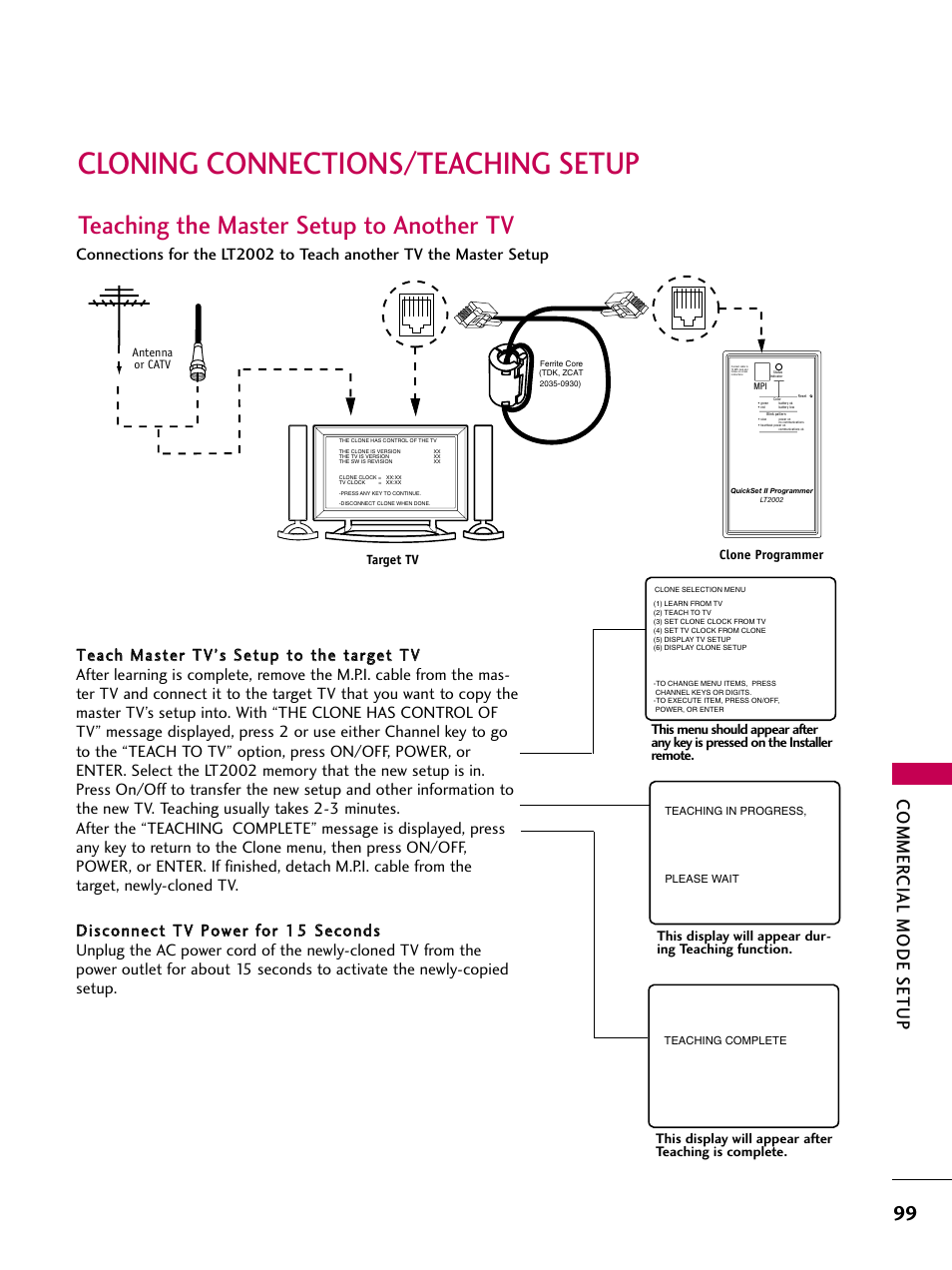 Cloning connections/teaching setup, Teaching the master setup to another tv, Commer cial mode setup | LG 22LG3DCH User Manual | Page 101 / 124