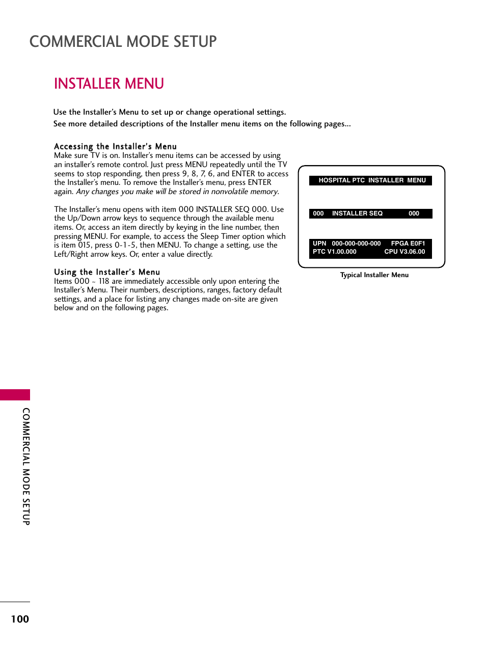 Installer menu, Commercial mode setup | LG 22LG3DCH User Manual | Page 102 / 124