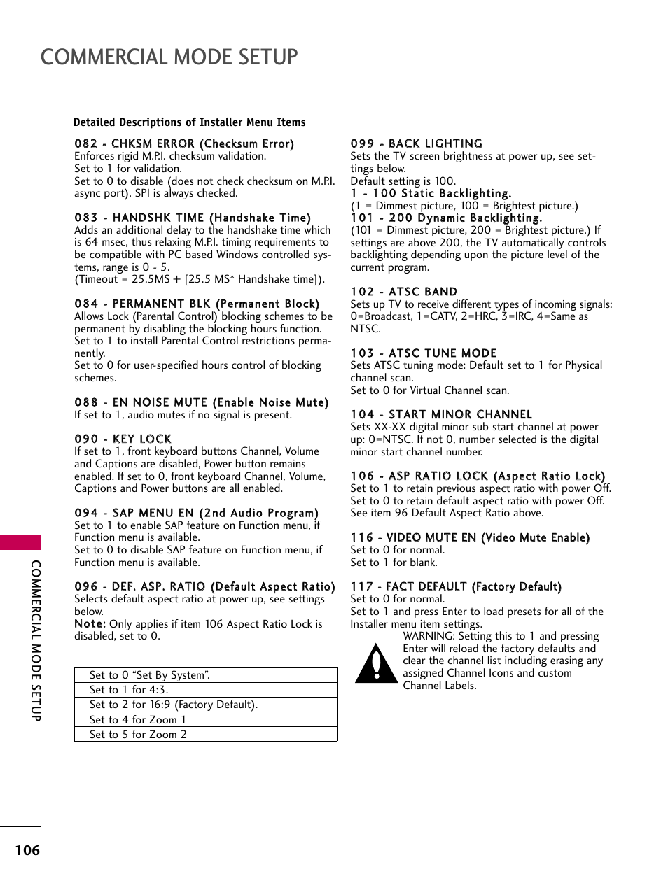 Commercial mode setup | LG 22LG3DCH User Manual | Page 108 / 124