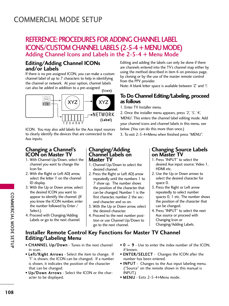 Commercial mode setup, Editing/adding channel icons and/or labels, Changing a channel’s icon on master tv | Changing/adding channel labels on master tv, Changing source labels on master tv, Network | LG 22LG3DCH User Manual | Page 110 / 124