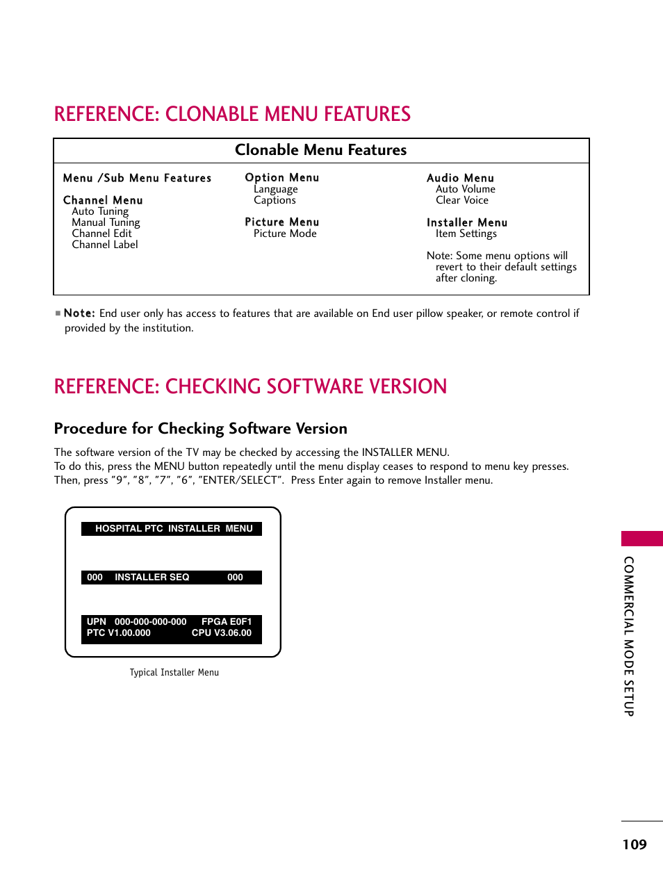 Reference: clonable menu features, Reference: checking software version, Procedure for checking software version | Clonable menu features | LG 22LG3DCH User Manual | Page 111 / 124