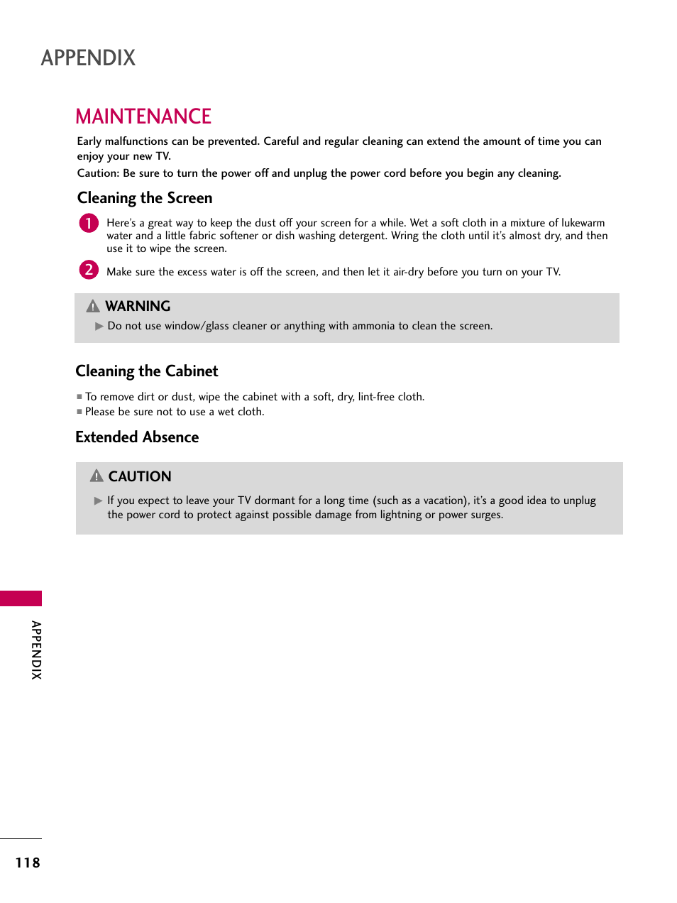 Maintenance, Appendix, Cleaning the screen | Cleaning the cabinet, Extended absence | LG 22LG3DCH User Manual | Page 120 / 124