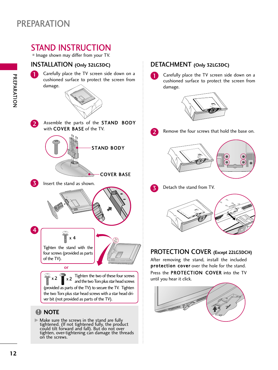 Stand instruction, Preparation, Detachment | Protection cover, Installation | LG 22LG3DCH User Manual | Page 14 / 124