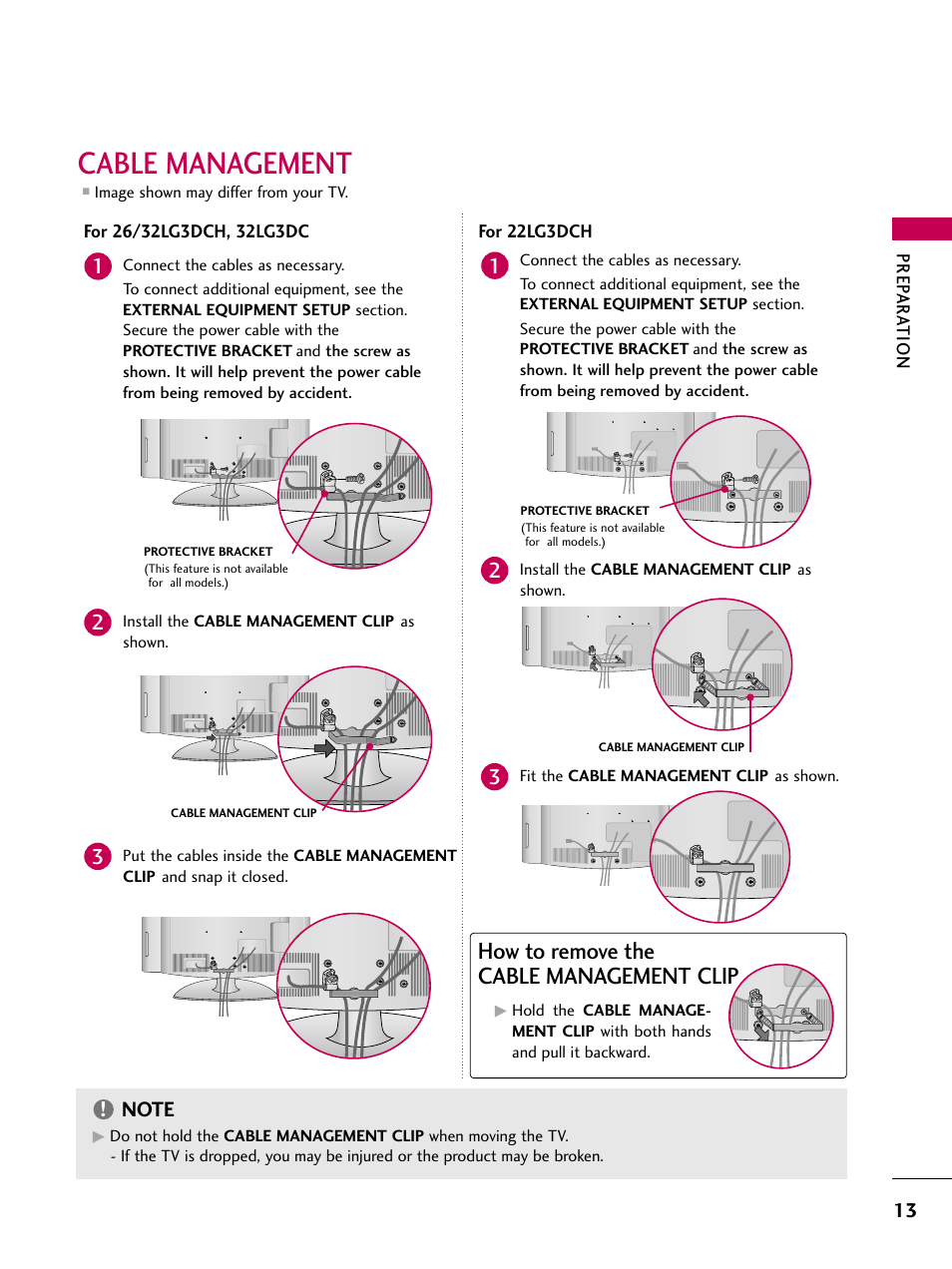 Cable management, How to remove the cable management clip | LG 22LG3DCH User Manual | Page 15 / 124
