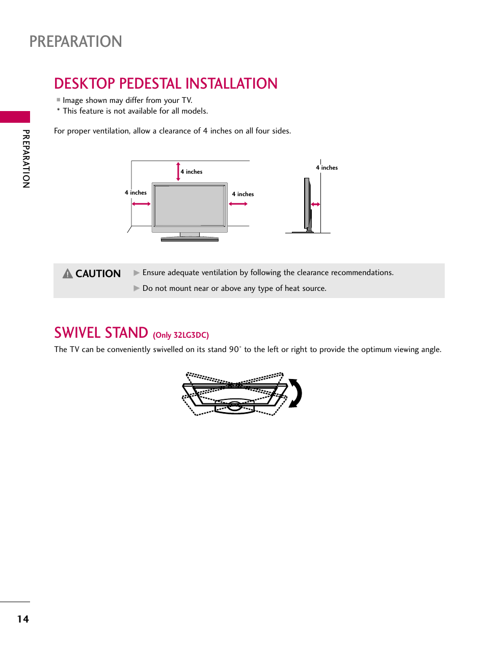 Desktop pedestal installation, Swivel stand, Preparation | Caution | LG 22LG3DCH User Manual | Page 16 / 124
