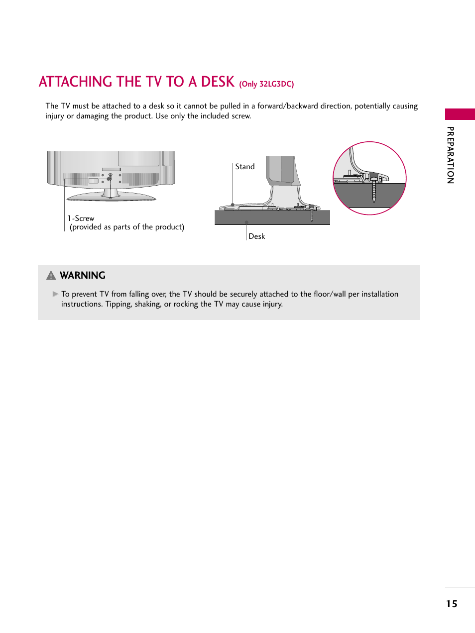 Attaching the tv to a desk | LG 22LG3DCH User Manual | Page 17 / 124