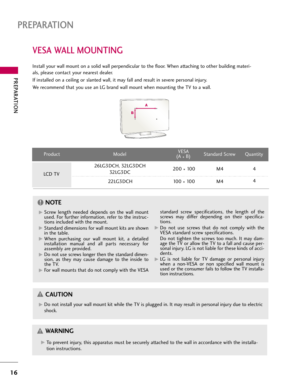 Vesa wall mounting, Preparation, Caution | Warning | LG 22LG3DCH User Manual | Page 18 / 124