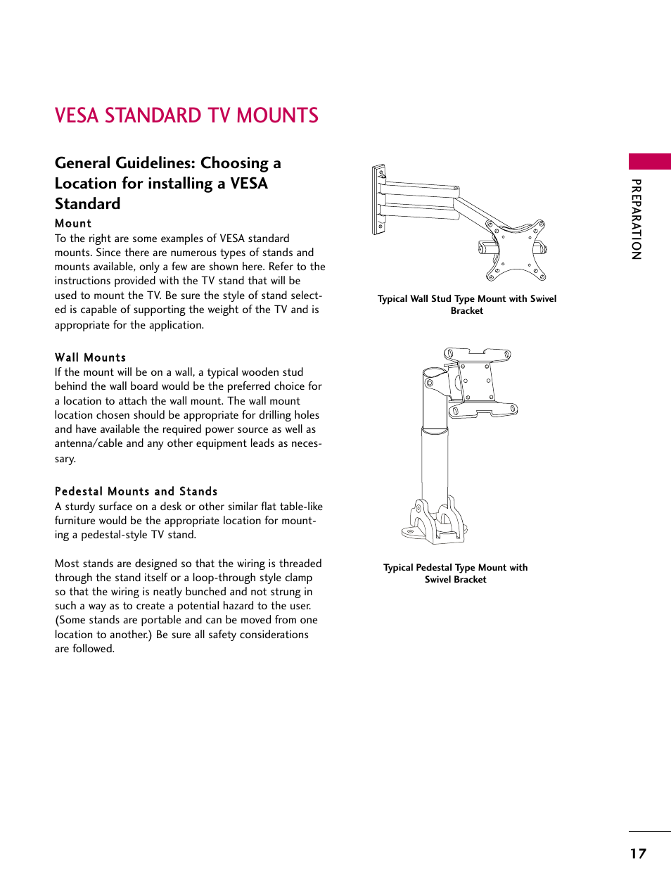 Vesa standard tv mounts | LG 22LG3DCH User Manual | Page 19 / 124