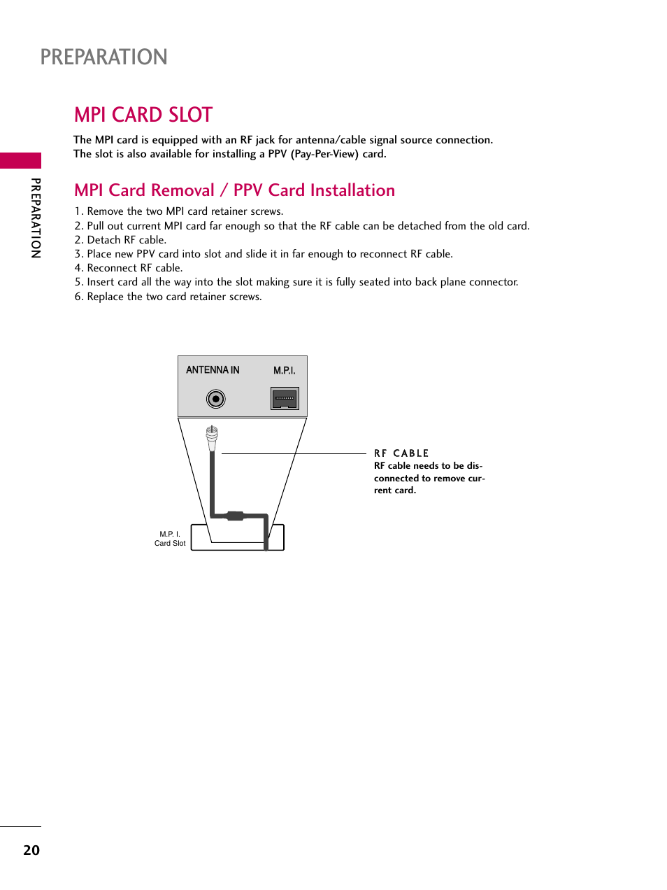 Mpi card slot, Mpi card removal / ppv card installation, Preparation | LG 22LG3DCH User Manual | Page 22 / 124