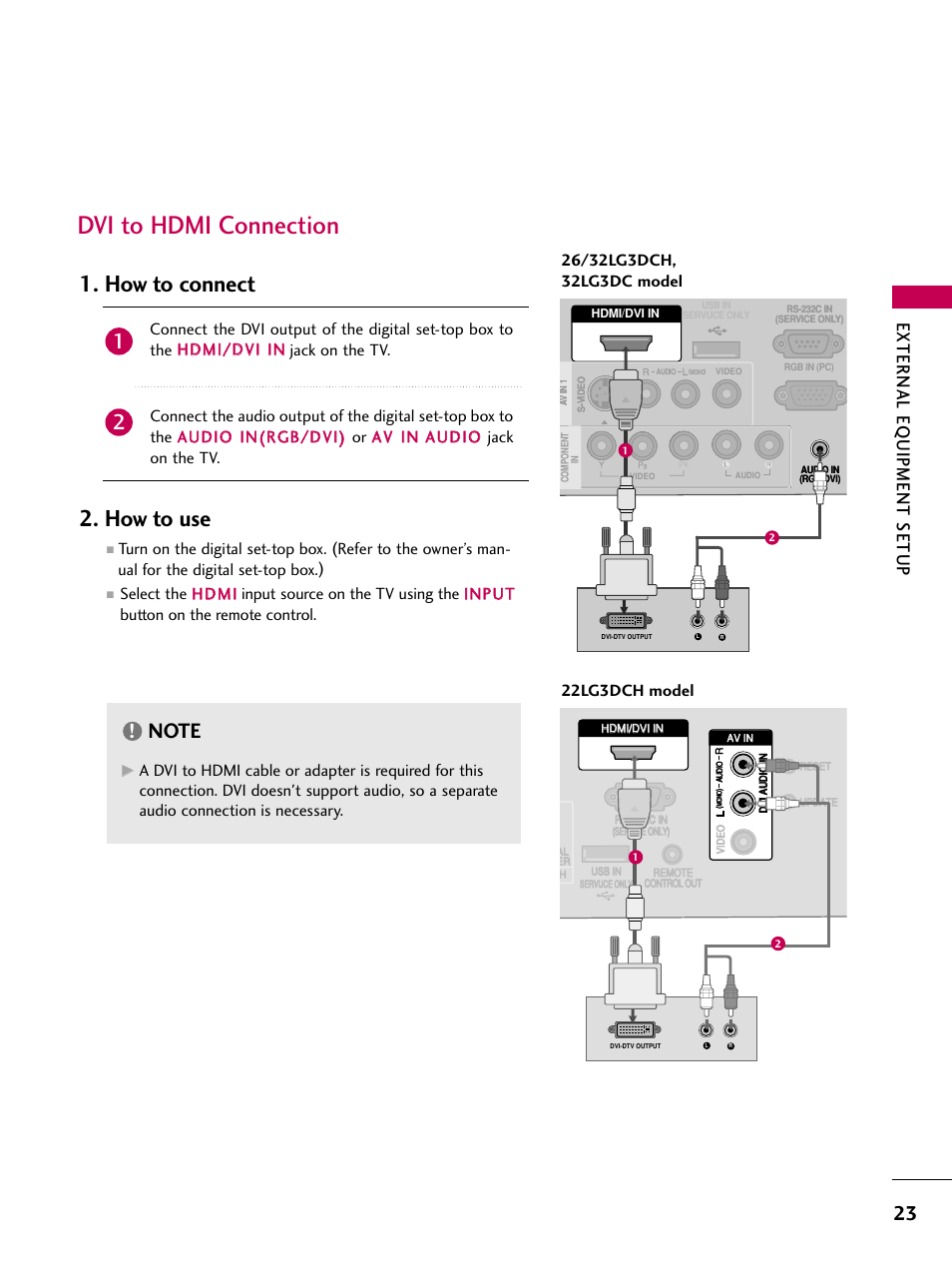 Dvi to hdmi connection, How to connect 2. how to use, External eq uipment setup | LG 22LG3DCH User Manual | Page 25 / 124