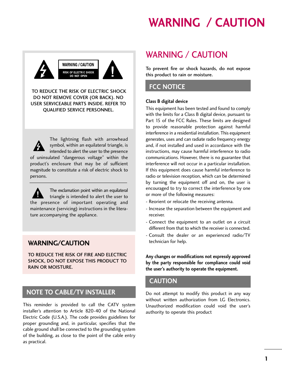 Warning / caution, Fcc notice, Caution | Warning/caution | LG 22LG3DCH User Manual | Page 3 / 124