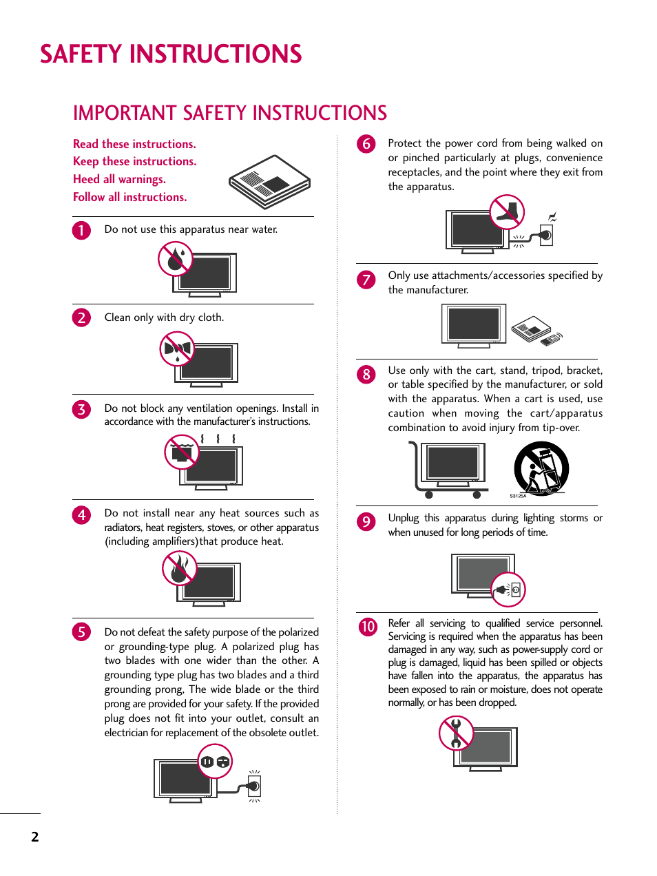 Safety instructions, Important safety instructions | LG 22LG3DCH User Manual | Page 4 / 124