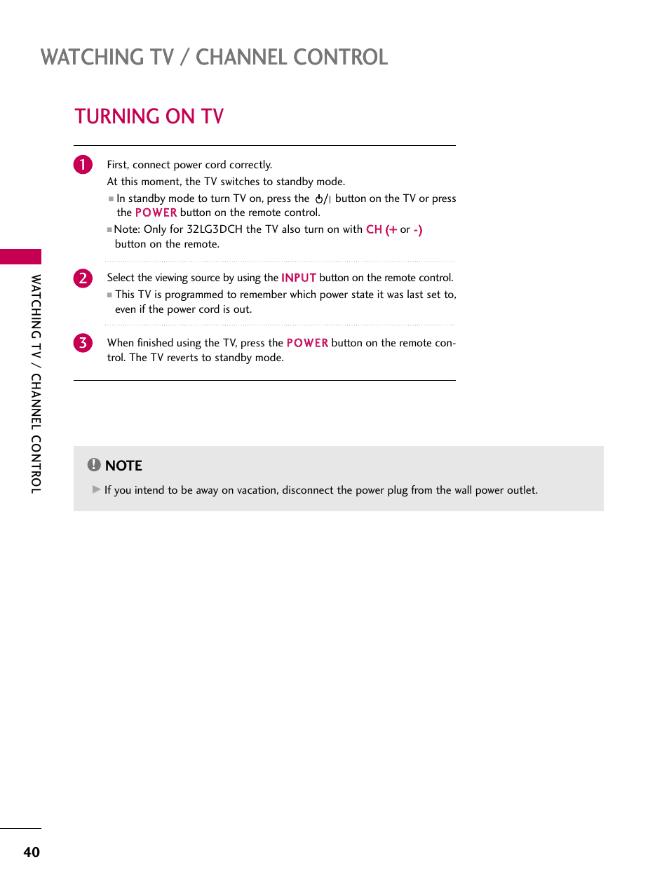 Turning on tv, Watching tv / channel control | LG 22LG3DCH User Manual | Page 42 / 124