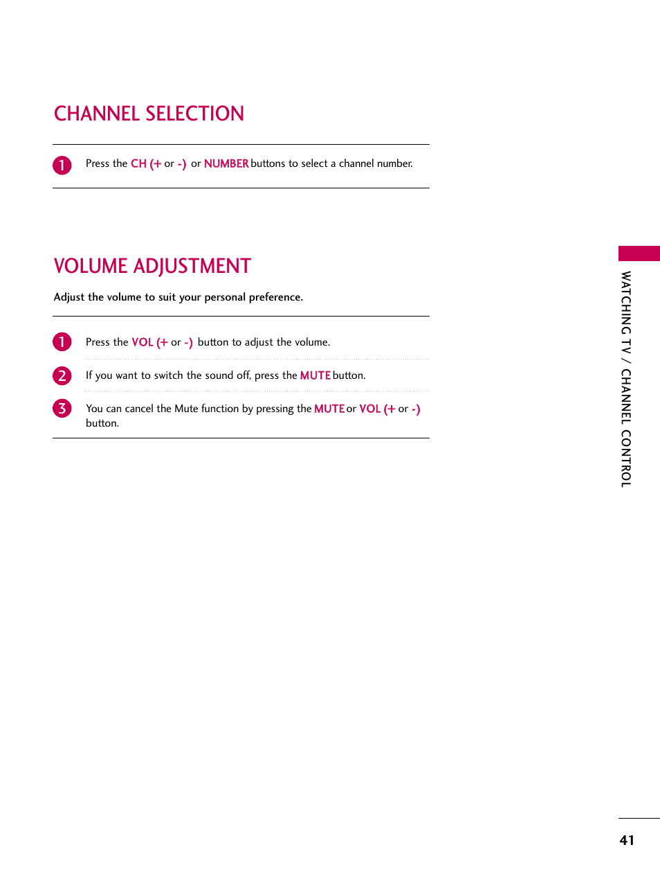 Channel selection, Volume adjustment, Volume adjustment channel selection | LG 22LG3DCH User Manual | Page 43 / 124