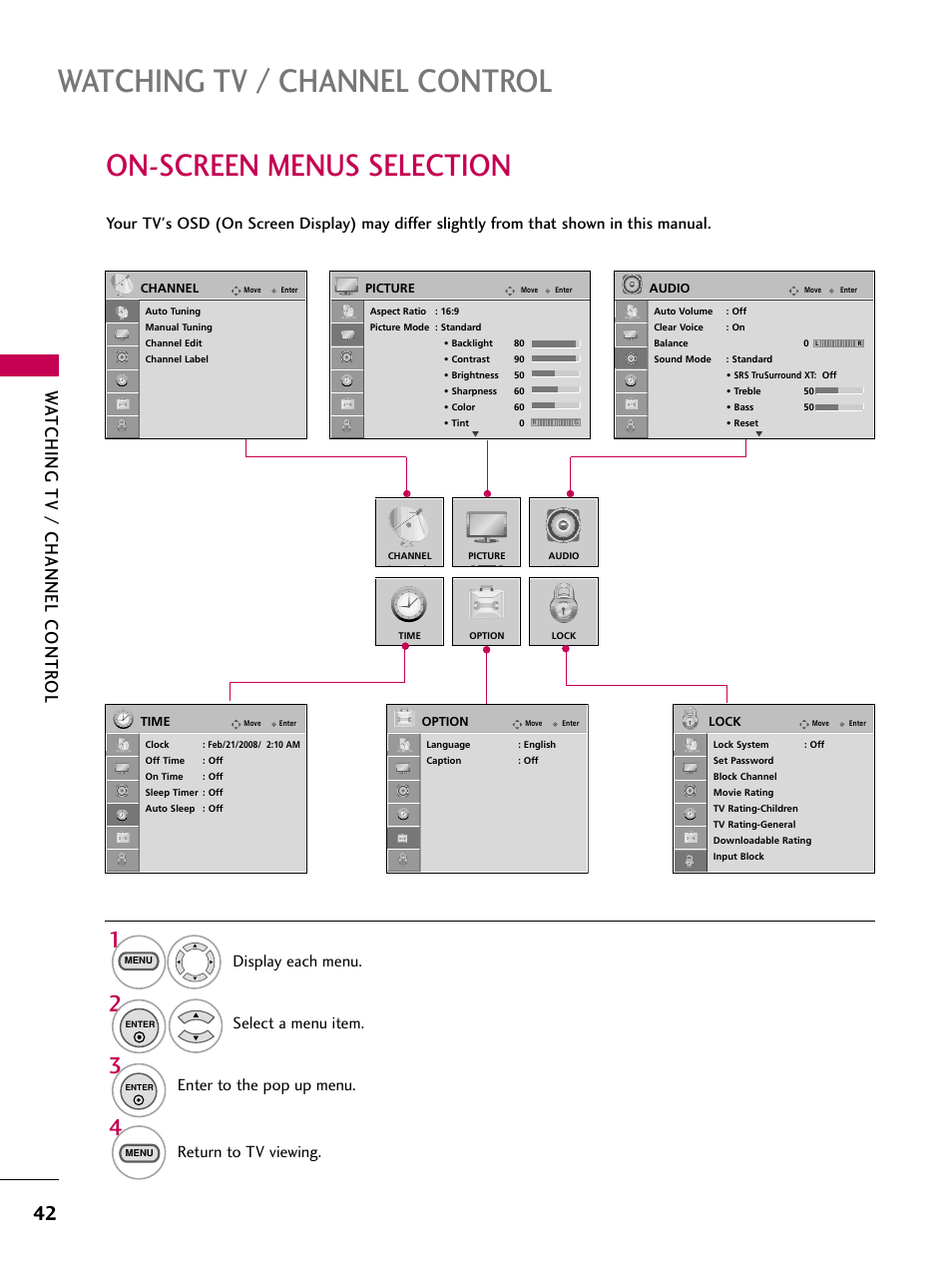 On-screen menus selection, Watching tv / channel control, Wa tching tv / channel contr ol | Return to tv viewing | LG 22LG3DCH User Manual | Page 44 / 124