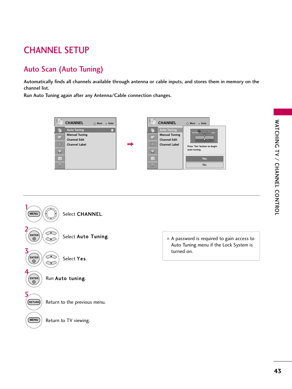 Channel setup, Auto scan (auto tuning), Wa tching tv / channel contr ol | LG 22LG3DCH User Manual | Page 45 / 124
