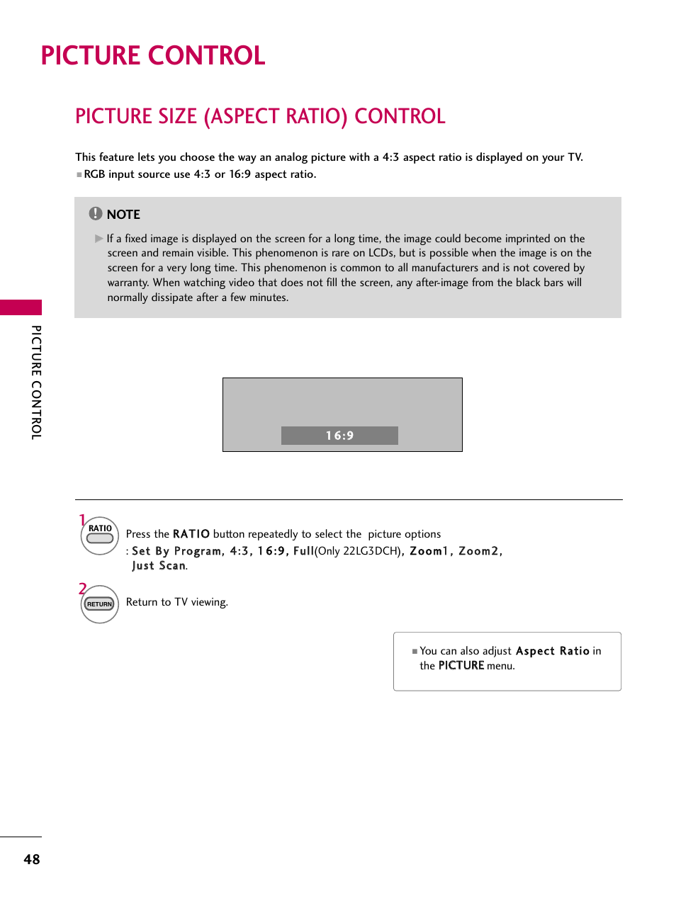 Picture control, Picture size (aspect ratio) control | LG 22LG3DCH User Manual | Page 50 / 124