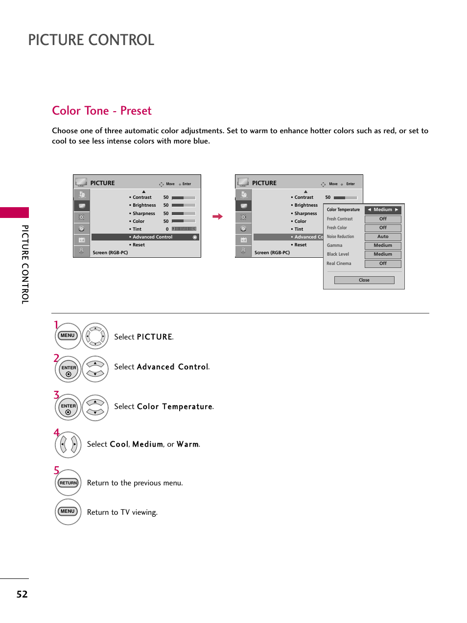 Color tone - preset, Picture control, Picture contr ol | Select a ad dvvaan ncceed d c co on nttrro oll, Return to the previous menu, Return to tv viewing | LG 22LG3DCH User Manual | Page 54 / 124