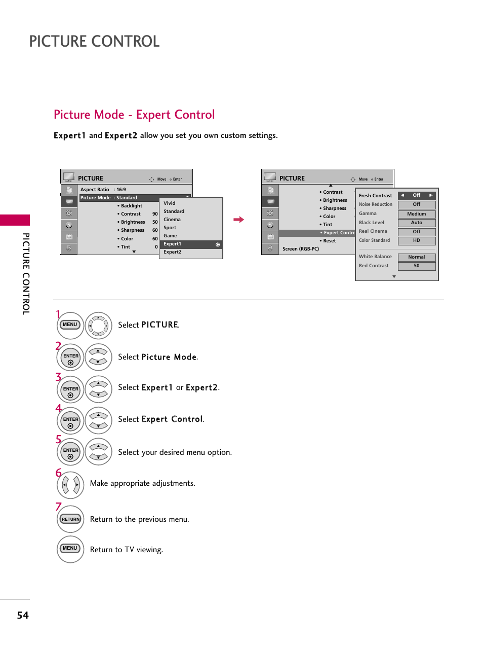 Picture mode - expert control, Picture control, Picture contr ol | Make appropriate adjustments, Return to the previous menu. return to tv viewing | LG 22LG3DCH User Manual | Page 56 / 124