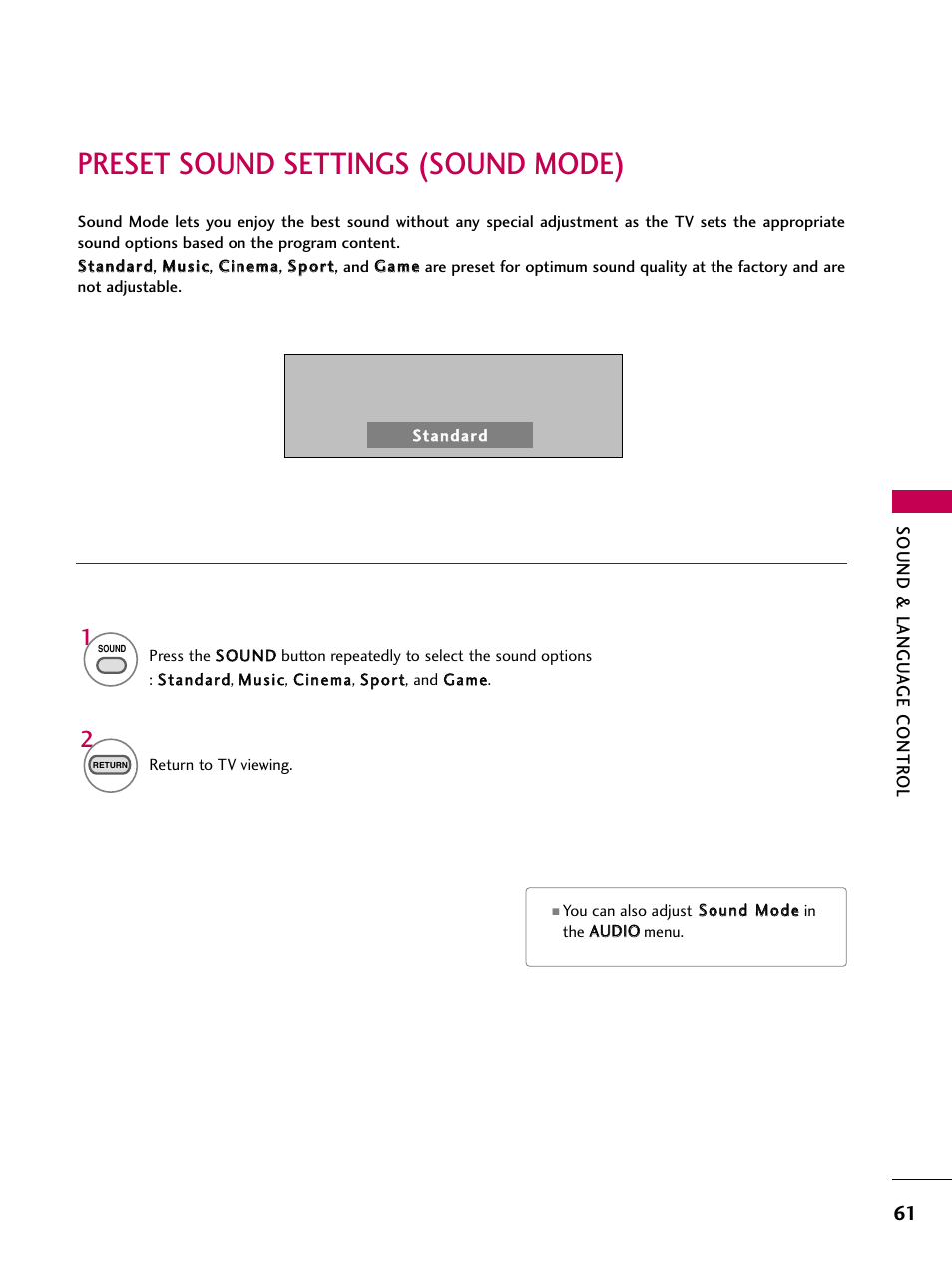 Preset sound settings (sound mode) | LG 22LG3DCH User Manual | Page 63 / 124