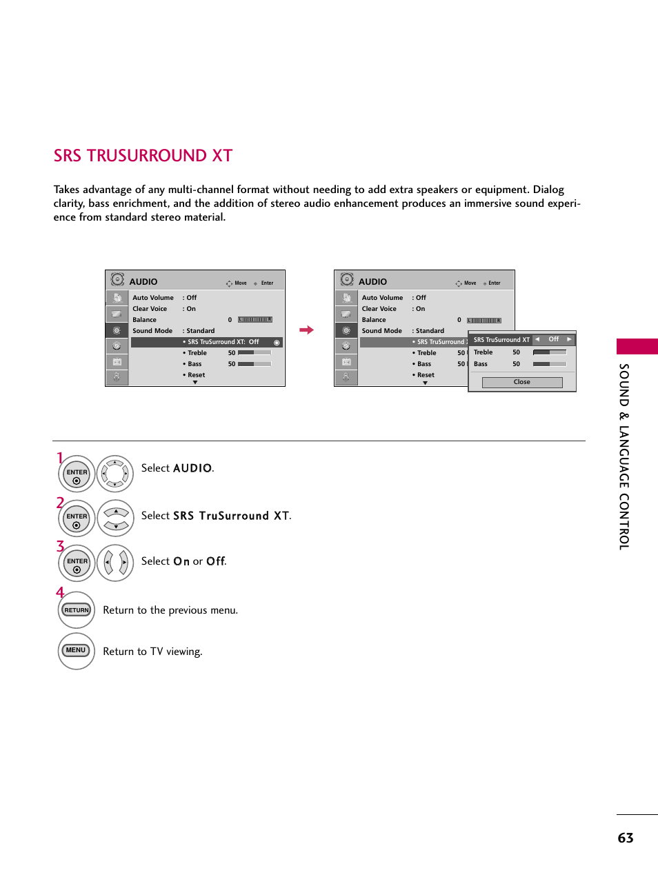 Srs trusurround xt, Sound & langu a ge contr ol, Return to the previous menu | Return to tv viewing | LG 22LG3DCH User Manual | Page 65 / 124