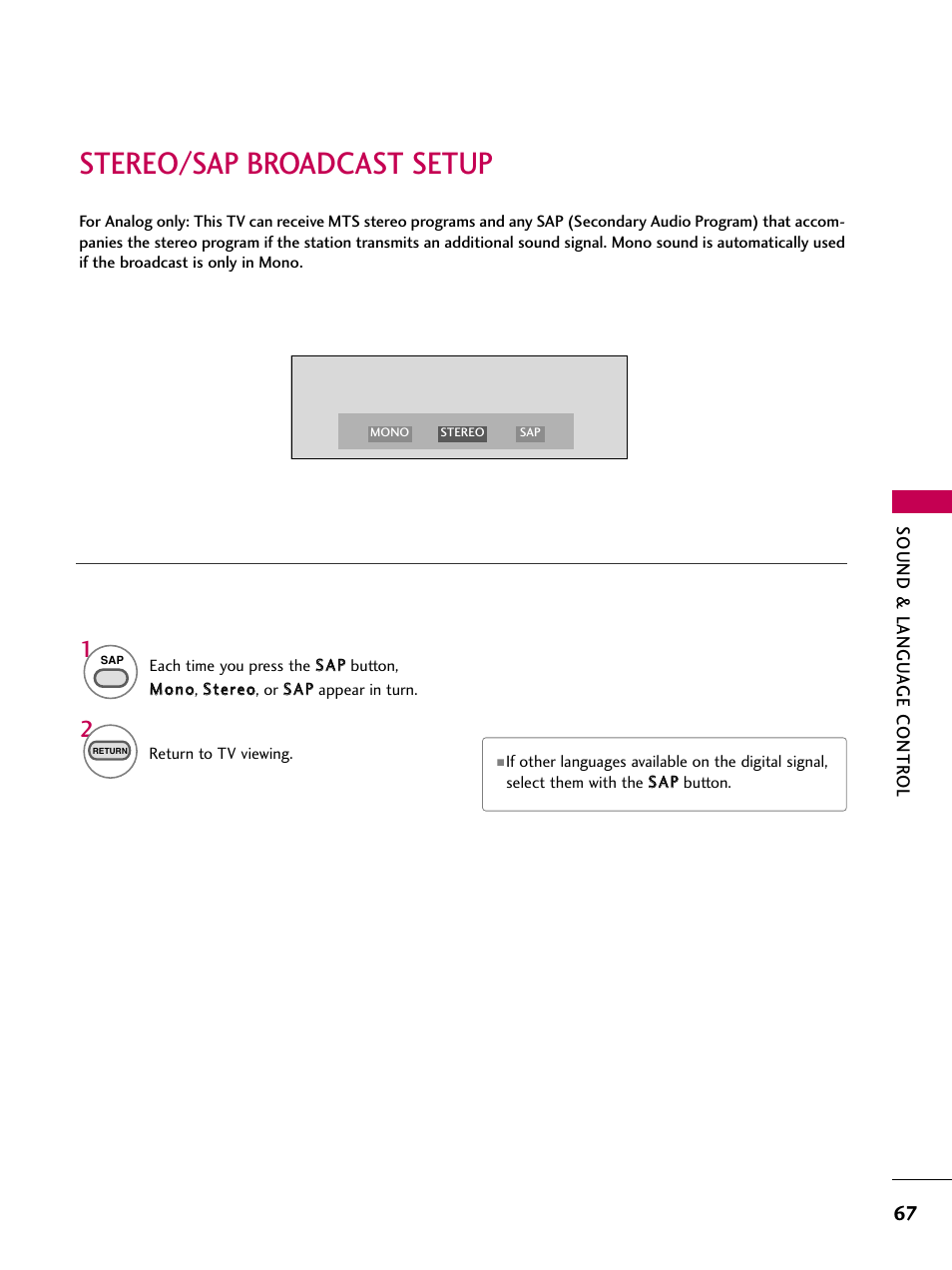 Stereo/sap broadcast setup | LG 22LG3DCH User Manual | Page 69 / 124