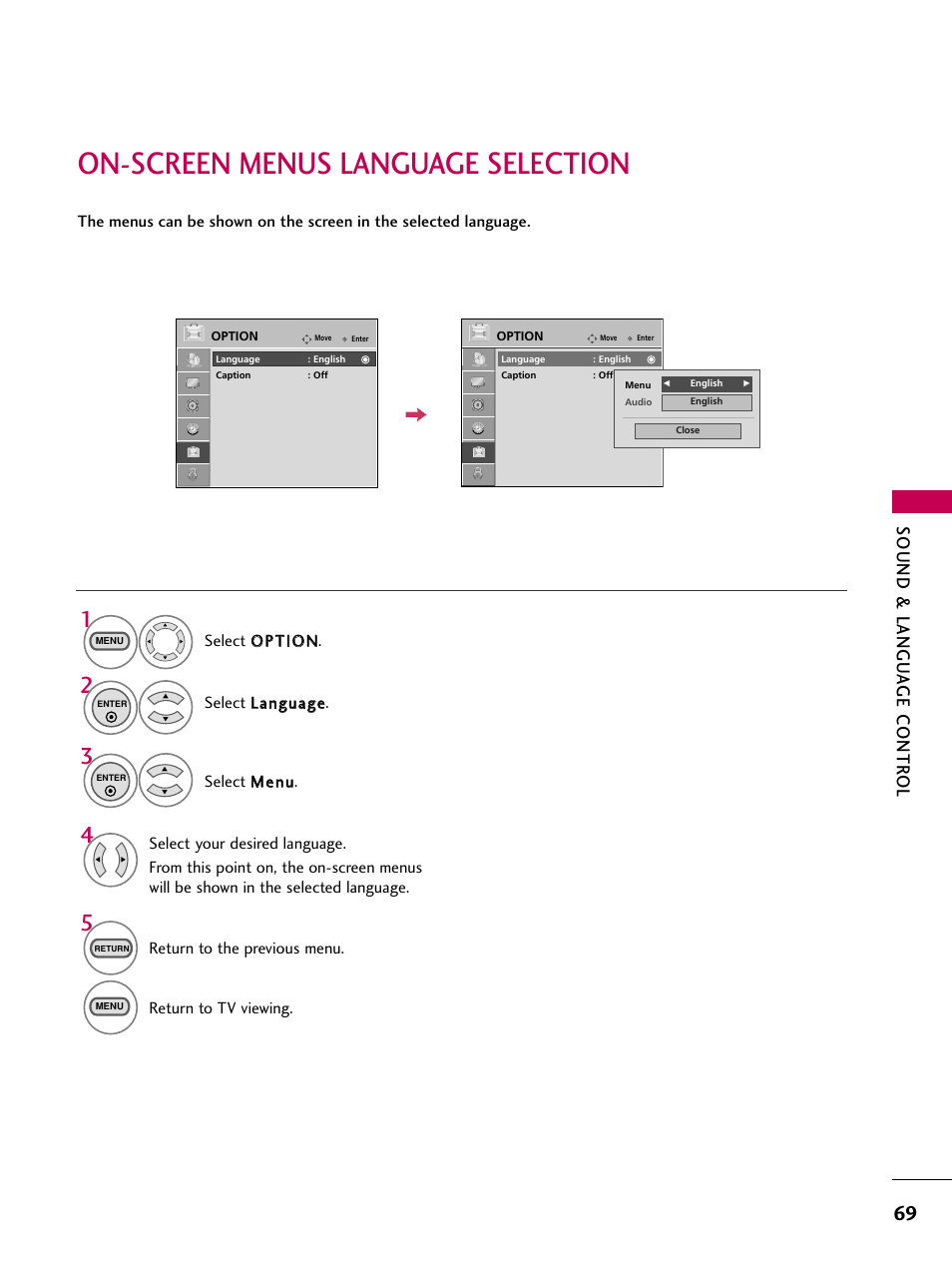 On-screen menus language selection, Sound & langu a ge contr ol | LG 22LG3DCH User Manual | Page 71 / 124