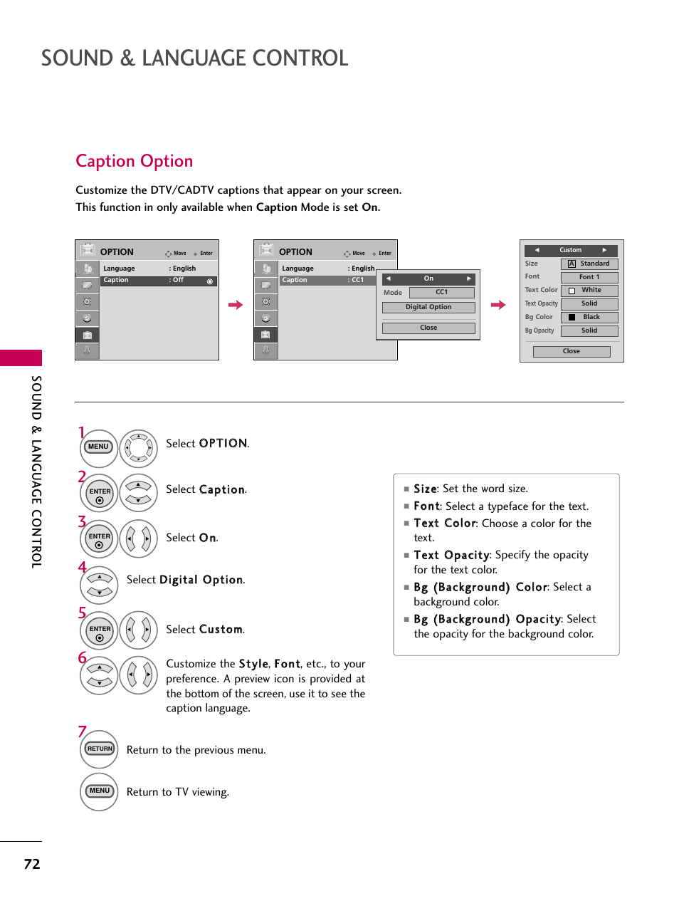 Caption option, Sound & language control, Sound & langu a ge contr ol | LG 22LG3DCH User Manual | Page 74 / 124