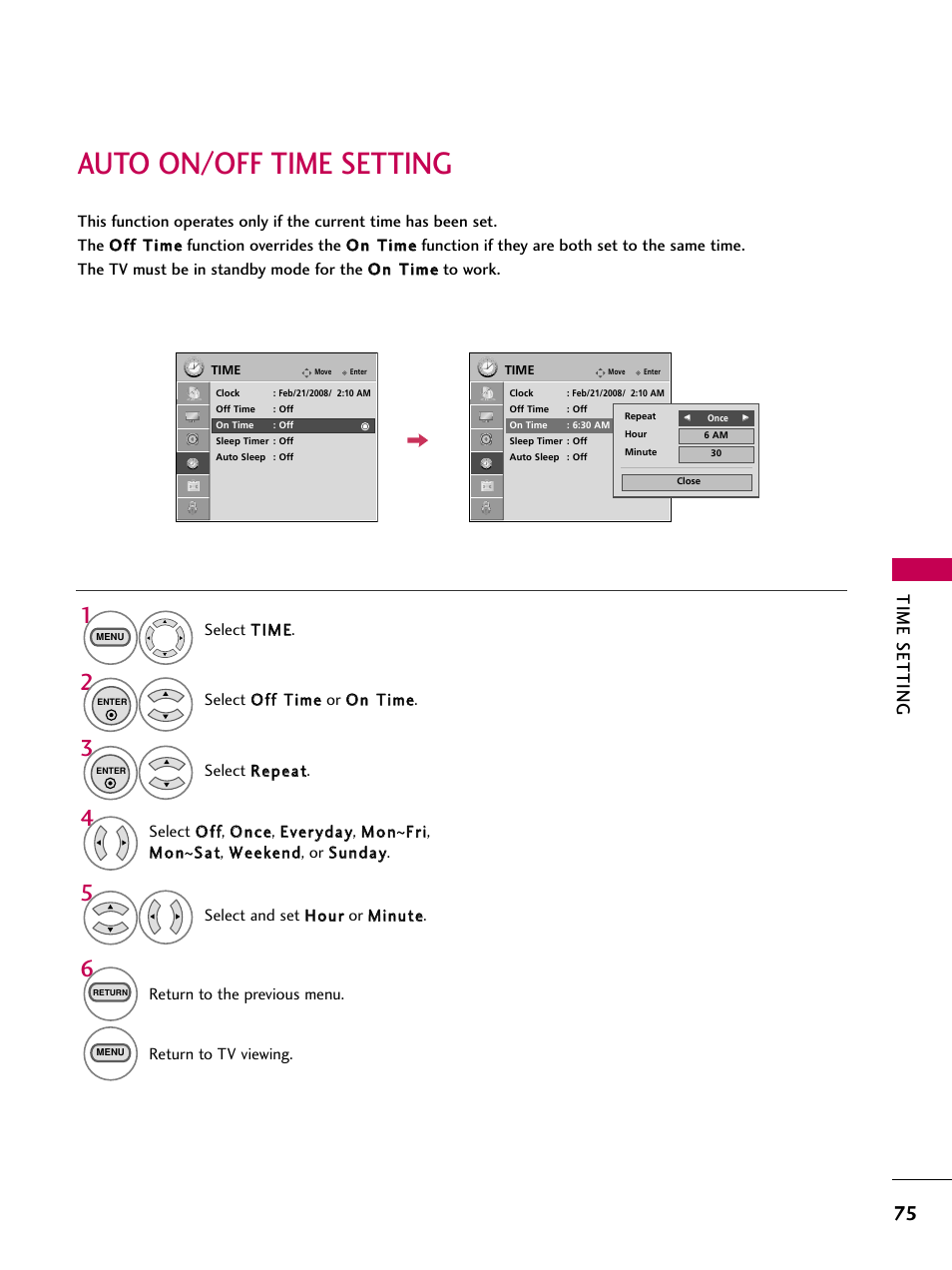 Auto on/off time setting, Time setting | LG 22LG3DCH User Manual | Page 77 / 124
