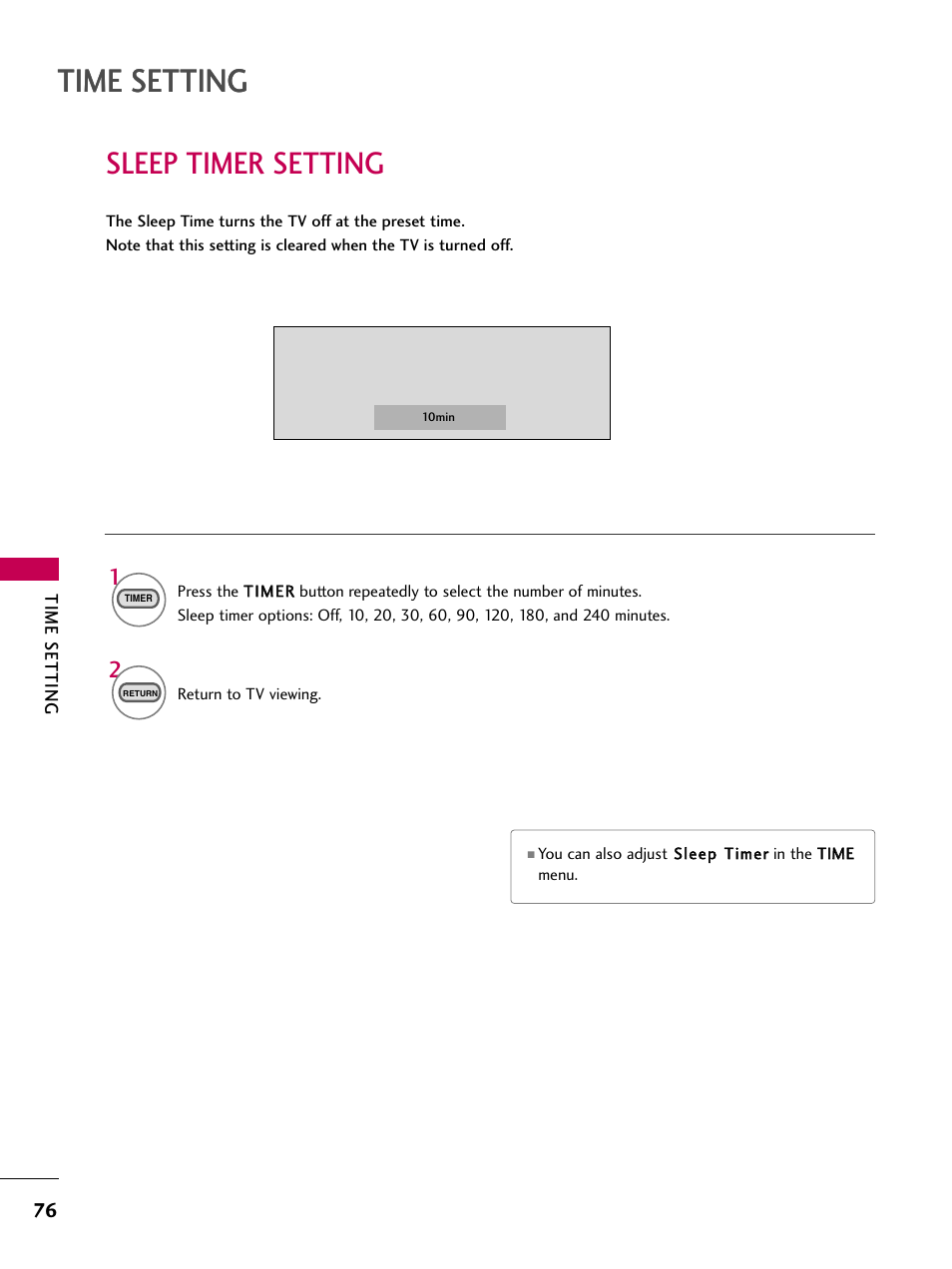 Sleep timer setting, Time setting | LG 22LG3DCH User Manual | Page 78 / 124