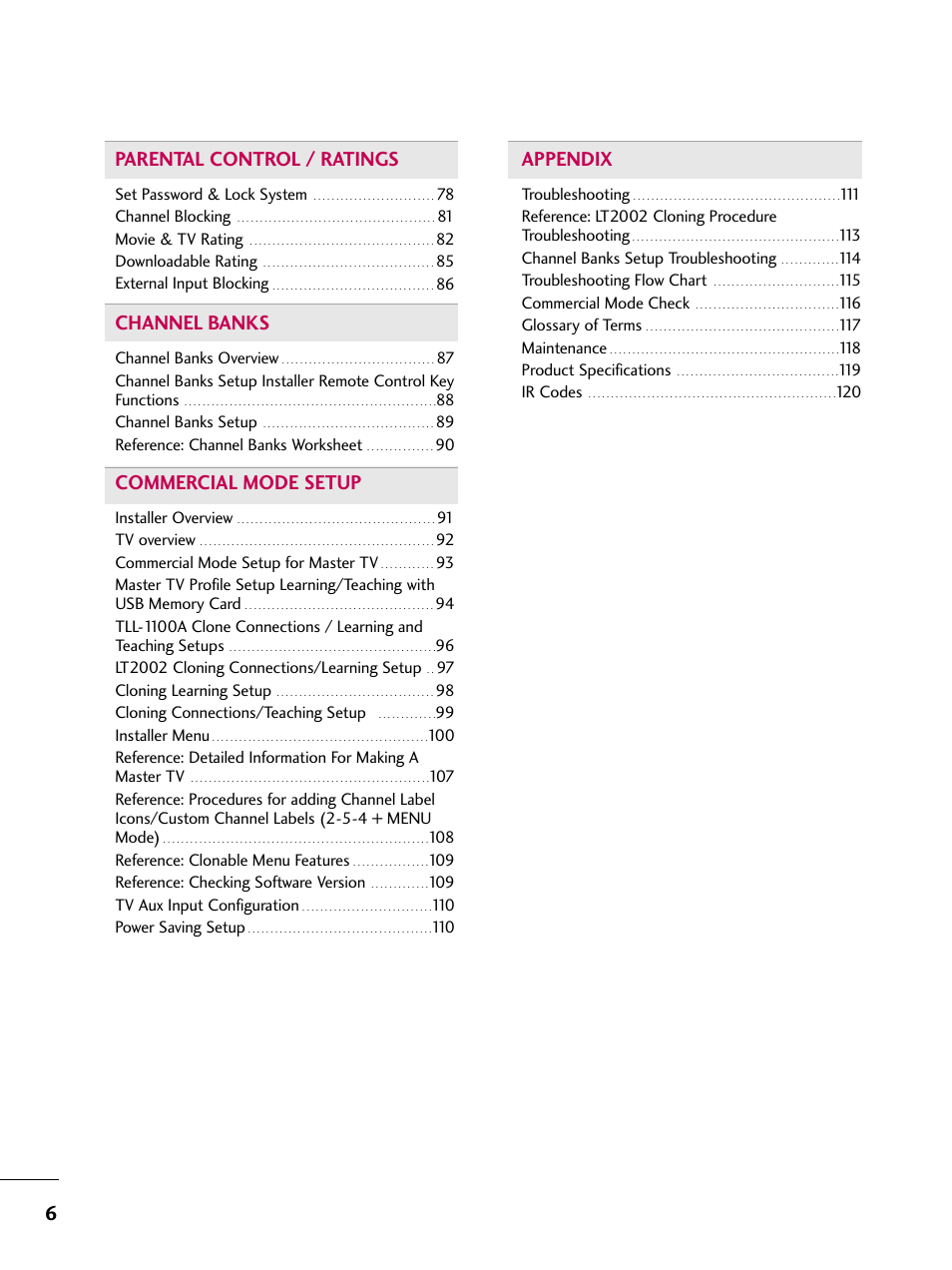 6parental control / ratings, Channel banks, Commercial mode setup | Appendix | LG 22LG3DCH User Manual | Page 8 / 124
