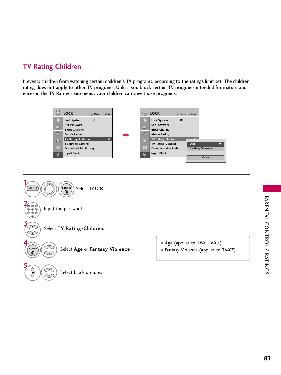 Tv rating children, Parent al contr ol / r a tings | LG 22LG3DCH User Manual | Page 85 / 124