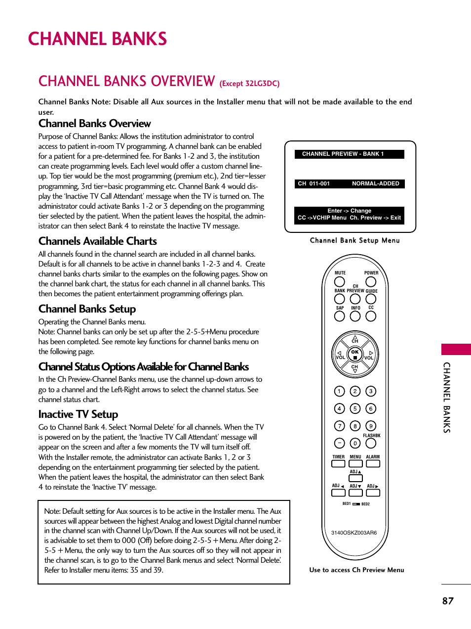 Channel banks, Channel banks overview, Channels available charts | Channel banks setup, Channel status options available for channel banks, Inactive tv setup, Channel b anks | LG 22LG3DCH User Manual | Page 89 / 124