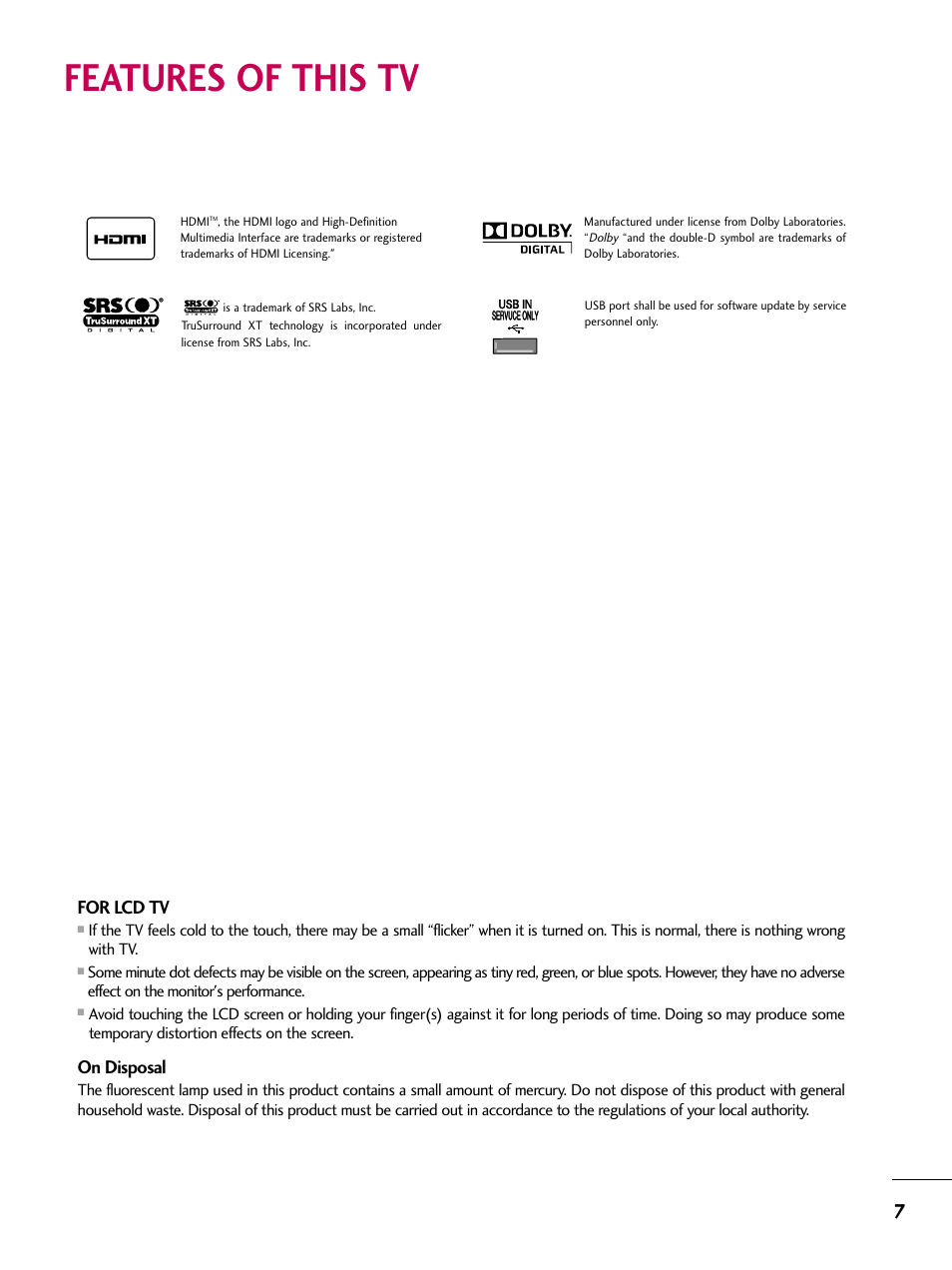 Features of this tv, For lcd tv, On disposal | LG 22LG3DCH User Manual | Page 9 / 124