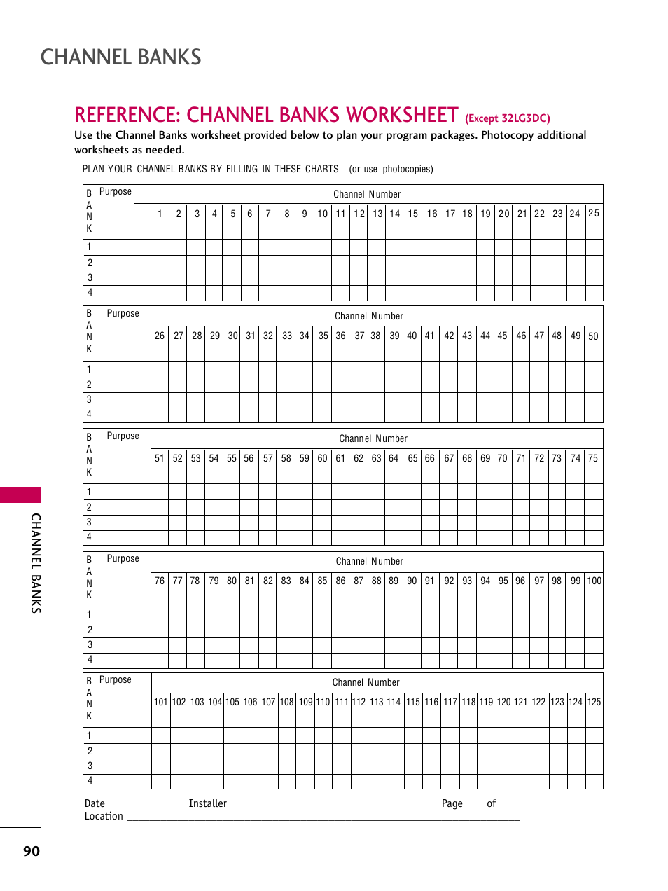 Reference: channel banks worksheet, Channel banks, Channel b anks | LG 22LG3DCH User Manual | Page 92 / 124
