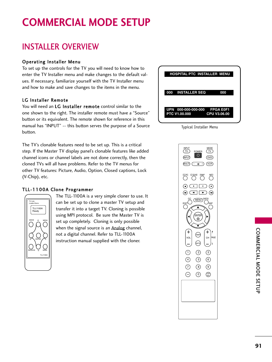 Commercial mode setup, Installer overview, Commer cial mode setup | LG 22LG3DCH User Manual | Page 93 / 124