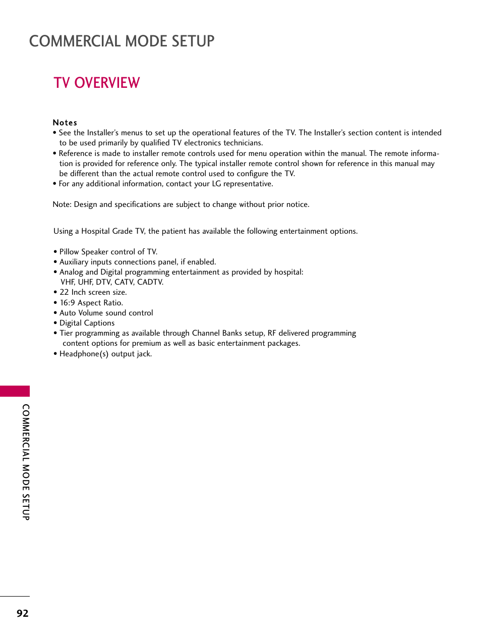 Tv overview, Commercial mode setup | LG 22LG3DCH User Manual | Page 94 / 124
