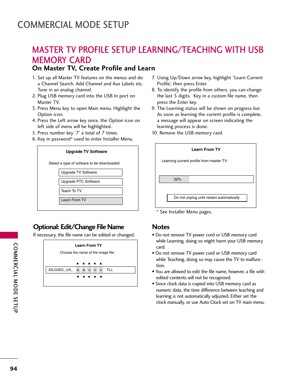 Commercial mode setup, On master tv, create profile and learn, Optional: edit/change file name | LG 22LG3DCH User Manual | Page 96 / 124