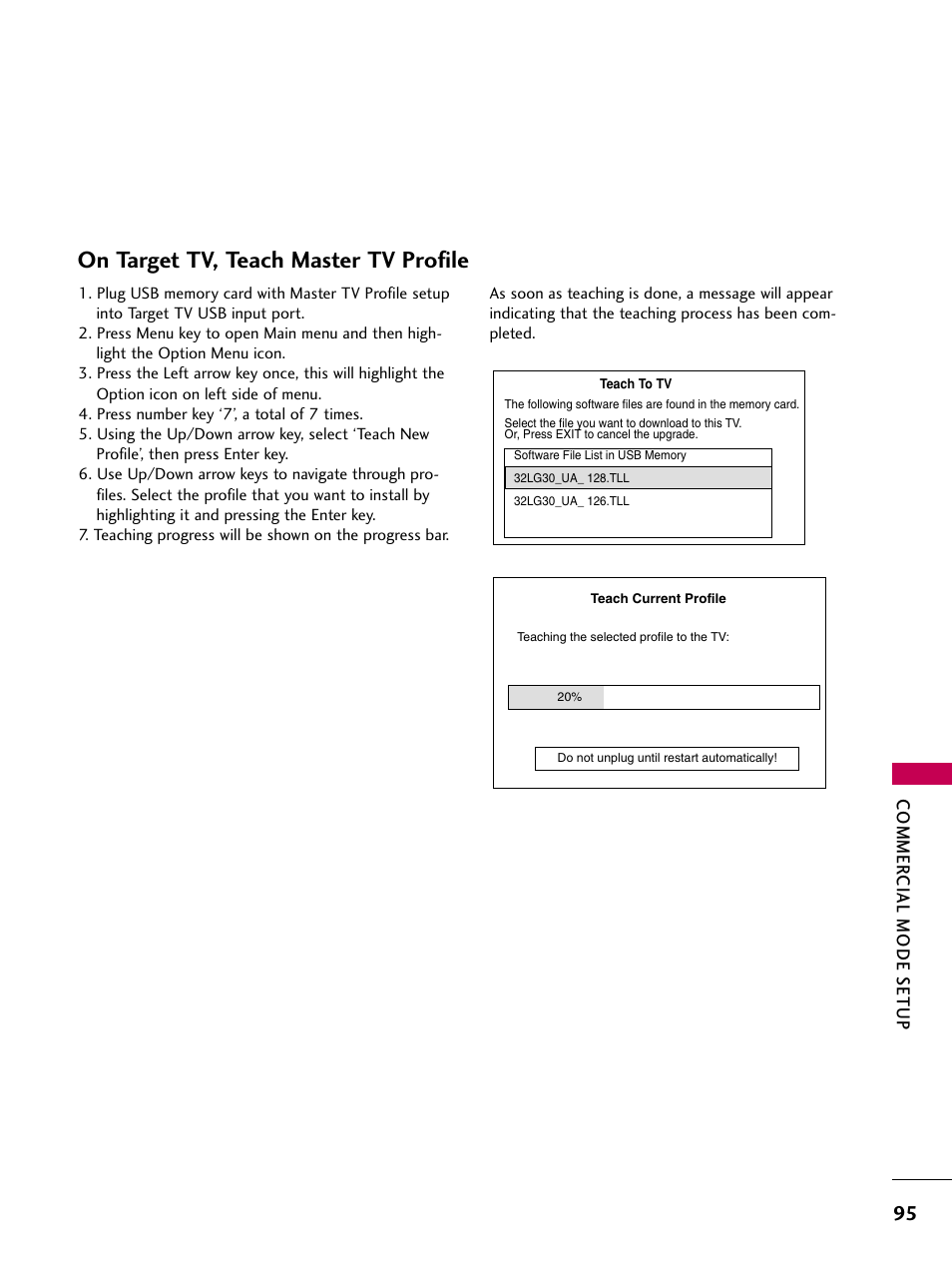 On target tv, teach master tv profile, Commer cial mode setup | LG 22LG3DCH User Manual | Page 97 / 124