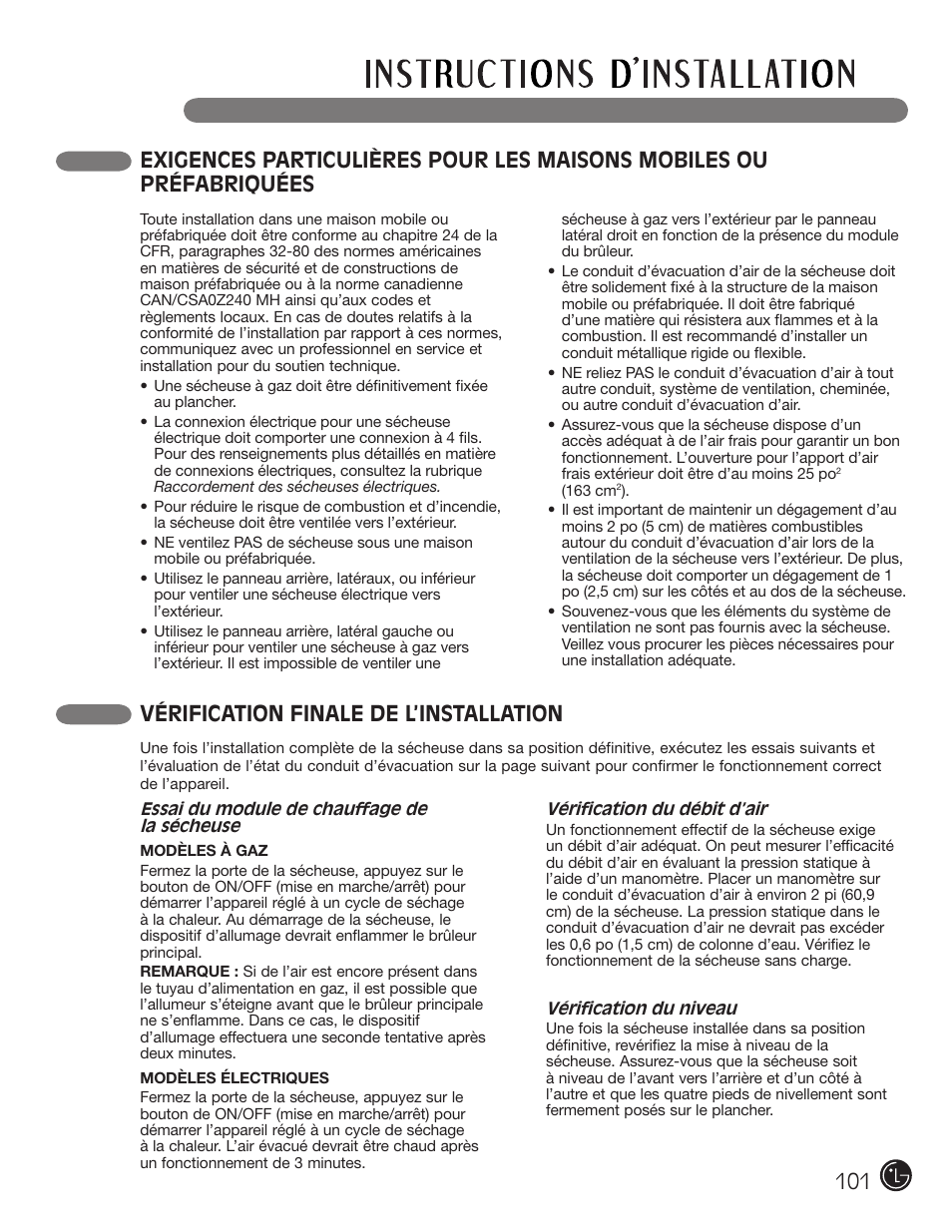 Vérification finale de l’installation | LG DLE2701V User Manual | Page 101 / 120