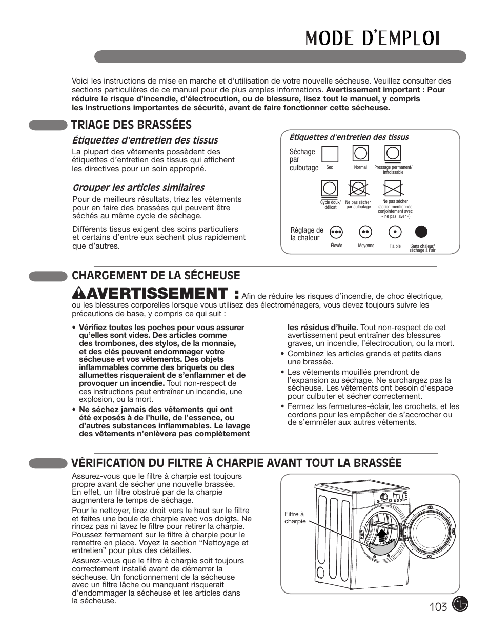 Wavertissement, Chargement de la sécheuse, Triage des brassées | LG DLE2701V User Manual | Page 103 / 120