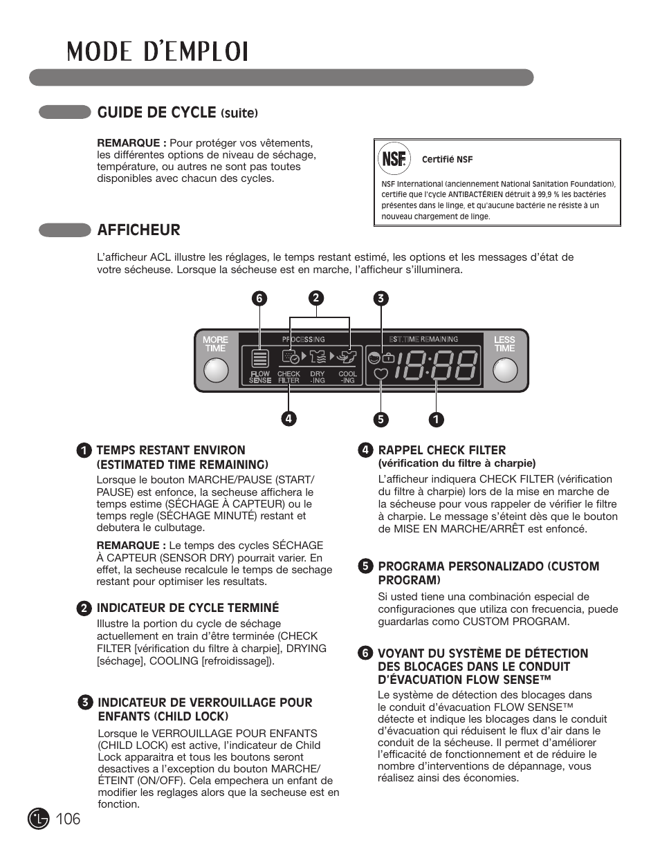 Afficheur, Guide de cycle | LG DLE2701V User Manual | Page 106 / 120
