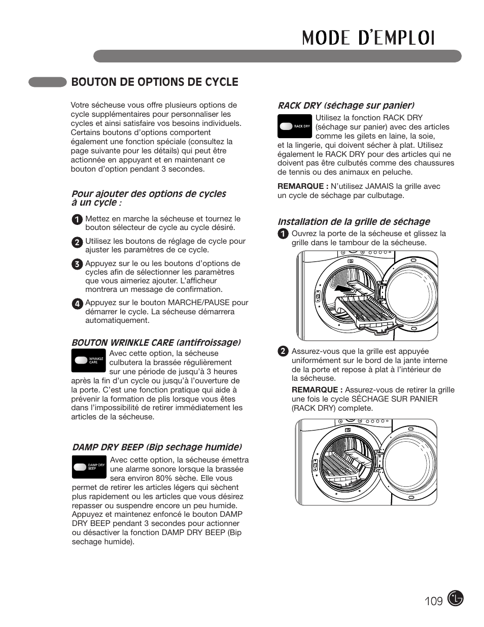 Bouton de options de cycle | LG DLE2701V User Manual | Page 109 / 120