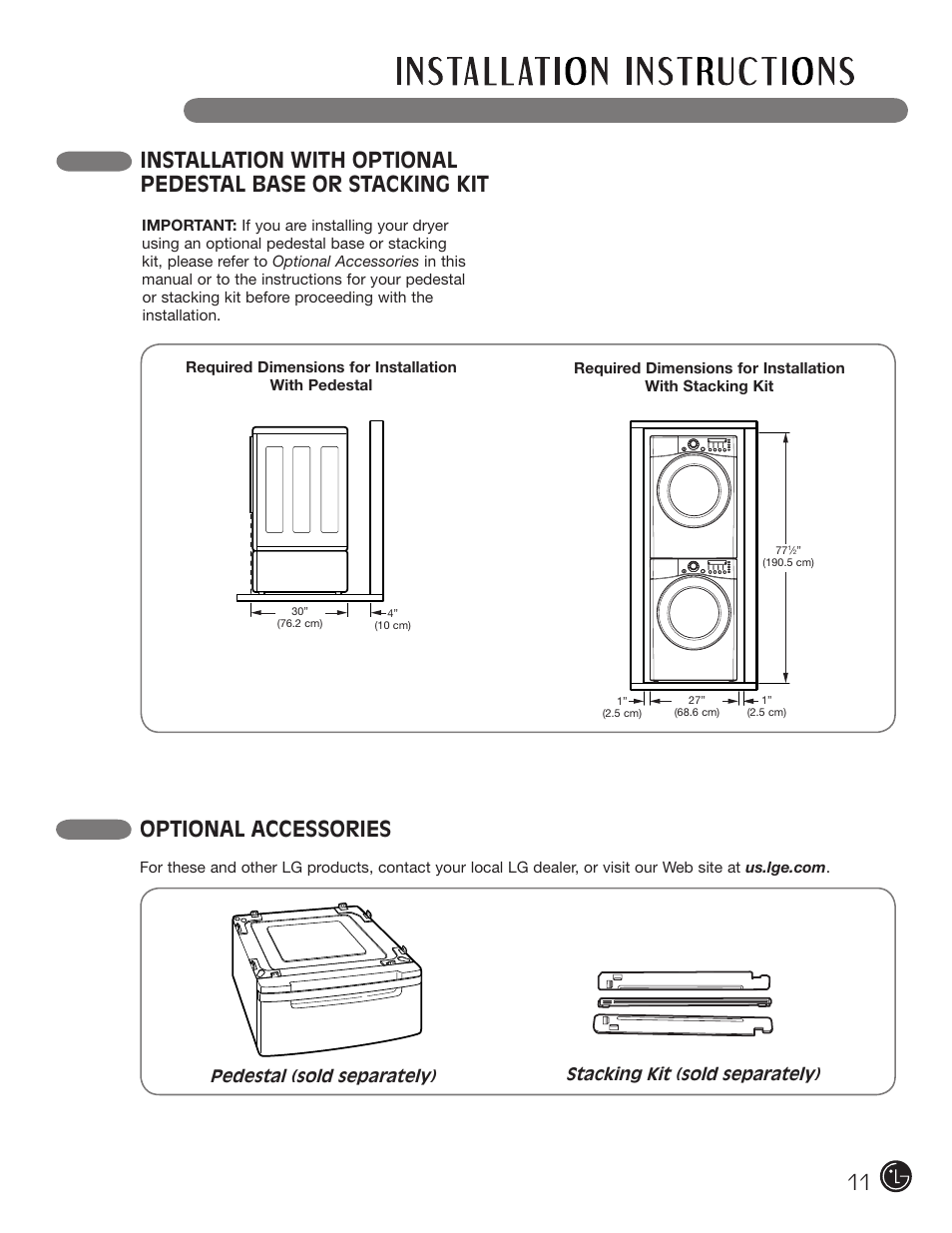 Optional accessories | LG DLE2701V User Manual | Page 11 / 120