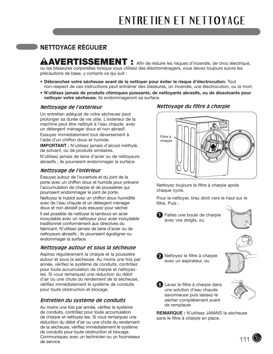 Wavertissement, Nettoyage régulier | LG DLE2701V User Manual | Page 111 / 120