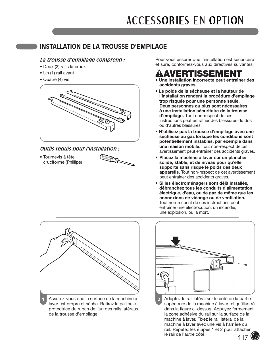 Wavertissement, Installation de la trousse d’empilage | LG DLE2701V User Manual | Page 117 / 120
