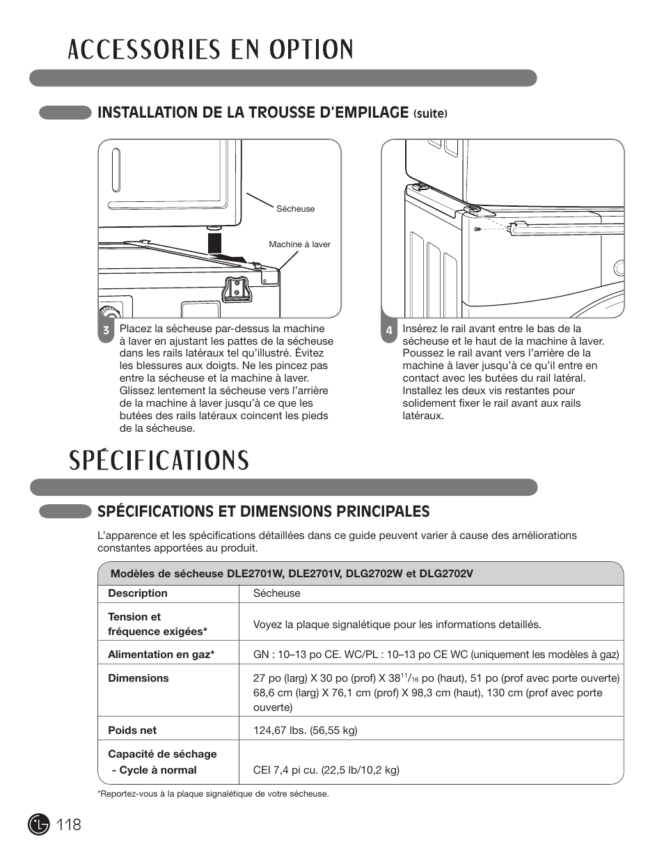 Spécifications et dimensions principales, Installation de la trousse d’empilage | LG DLE2701V User Manual | Page 118 / 120