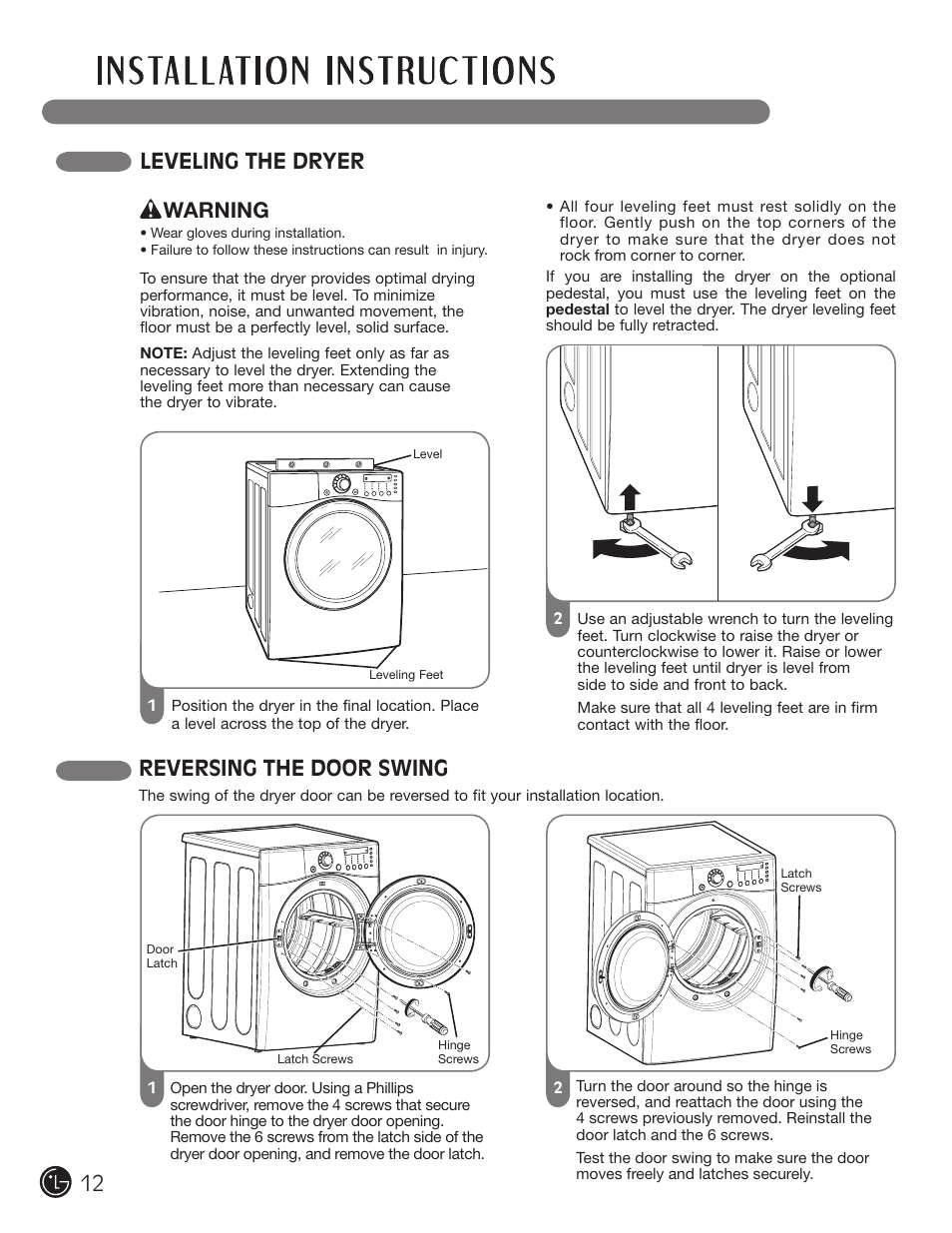 Leveling the dryer, Reversing the door swing, Warning | LG DLE2701V User Manual | Page 12 / 120